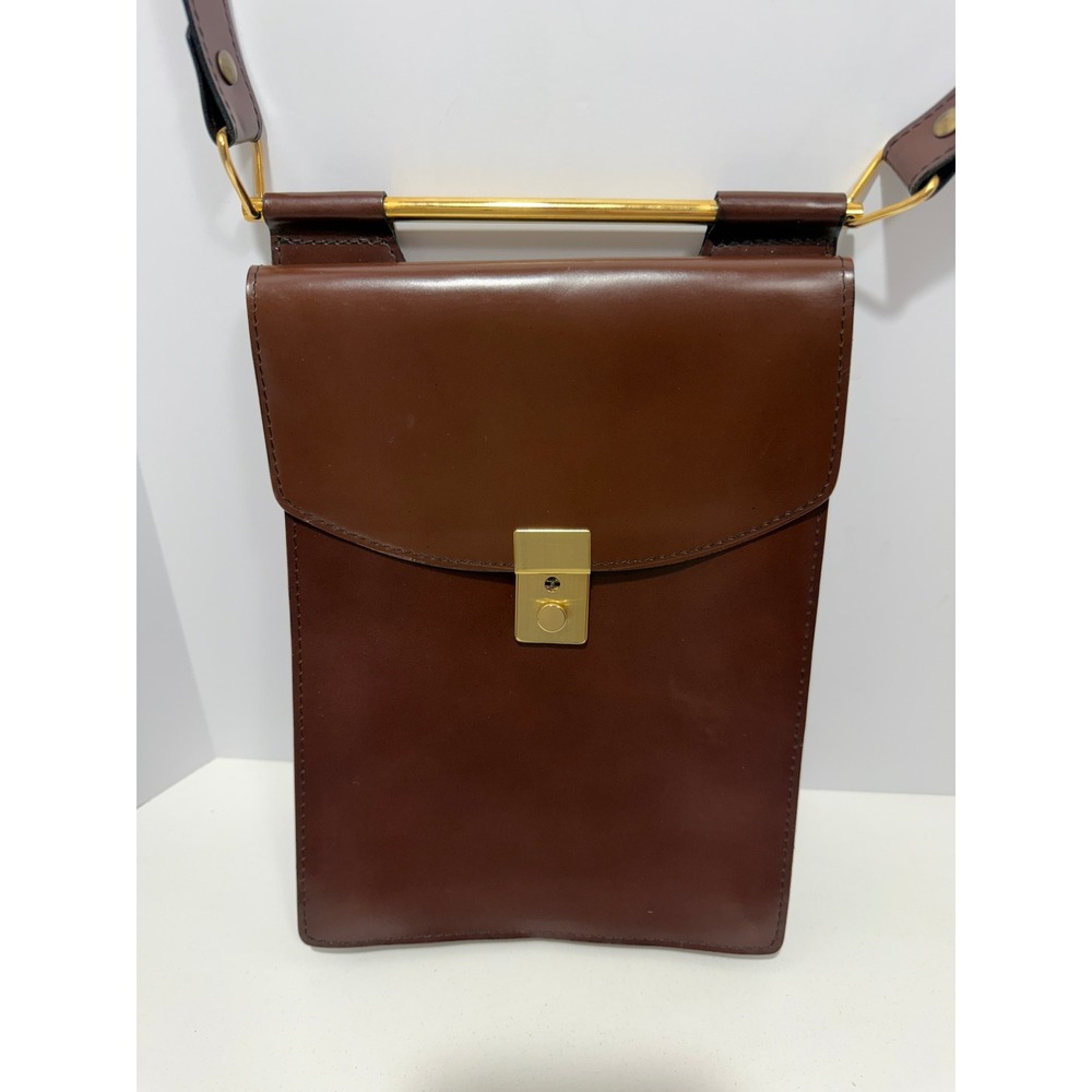 Vintage Evins Brown Leather Crossbody Bag Metal Bar Handle Italy Push Lock
